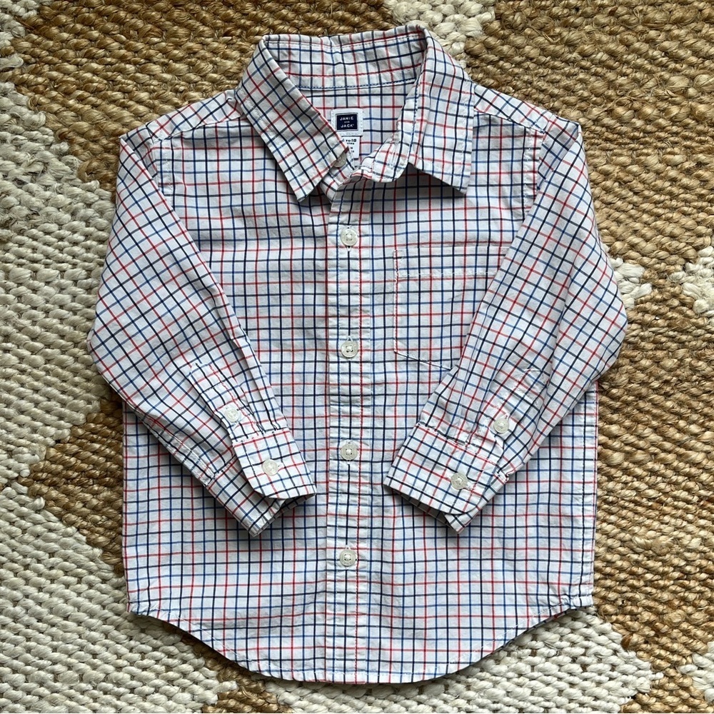 New Janie & Jack Red, White & Blue Plaid Button Down Shirt - Size 12-18 Months